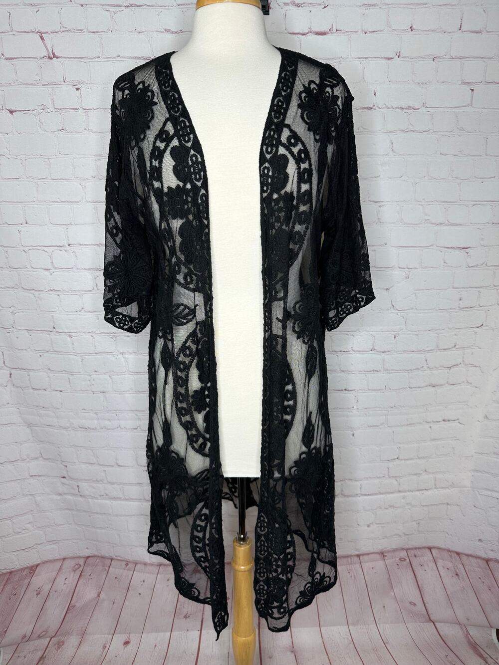 Black Lace Kimono Shawl Cardigan Elbow Sleeves Soft Goth Witchy Academia S/M